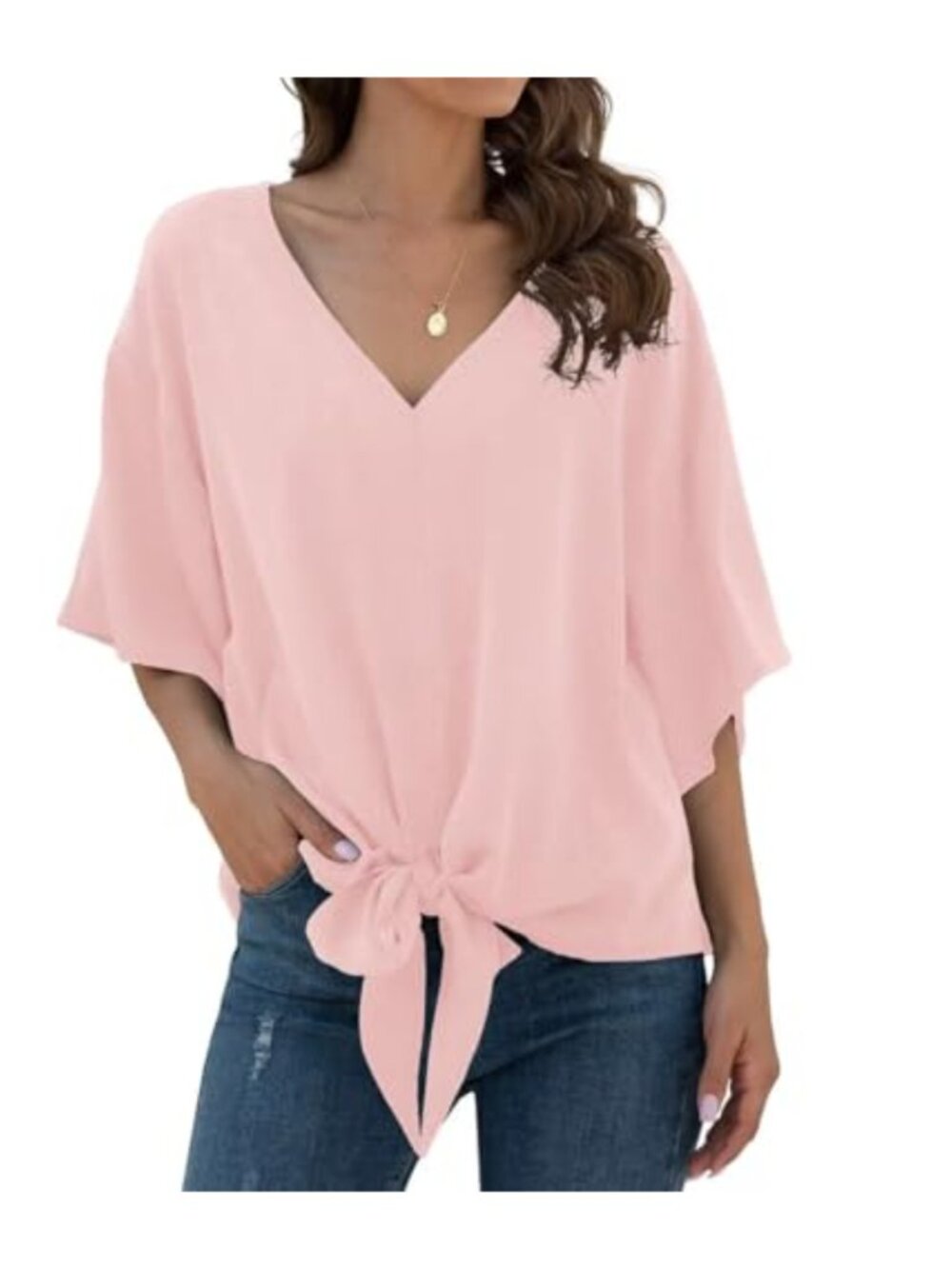 Chiffon V Neck 3/4 Bell Sleeve Tie Front Blouse Women